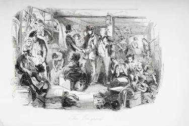 Emigranci, ilustracja z „Dawida Copperfielda” Charlesa Dickensa (1812-70) po raz pierwszy opublikowana w 1850 r. (lito)